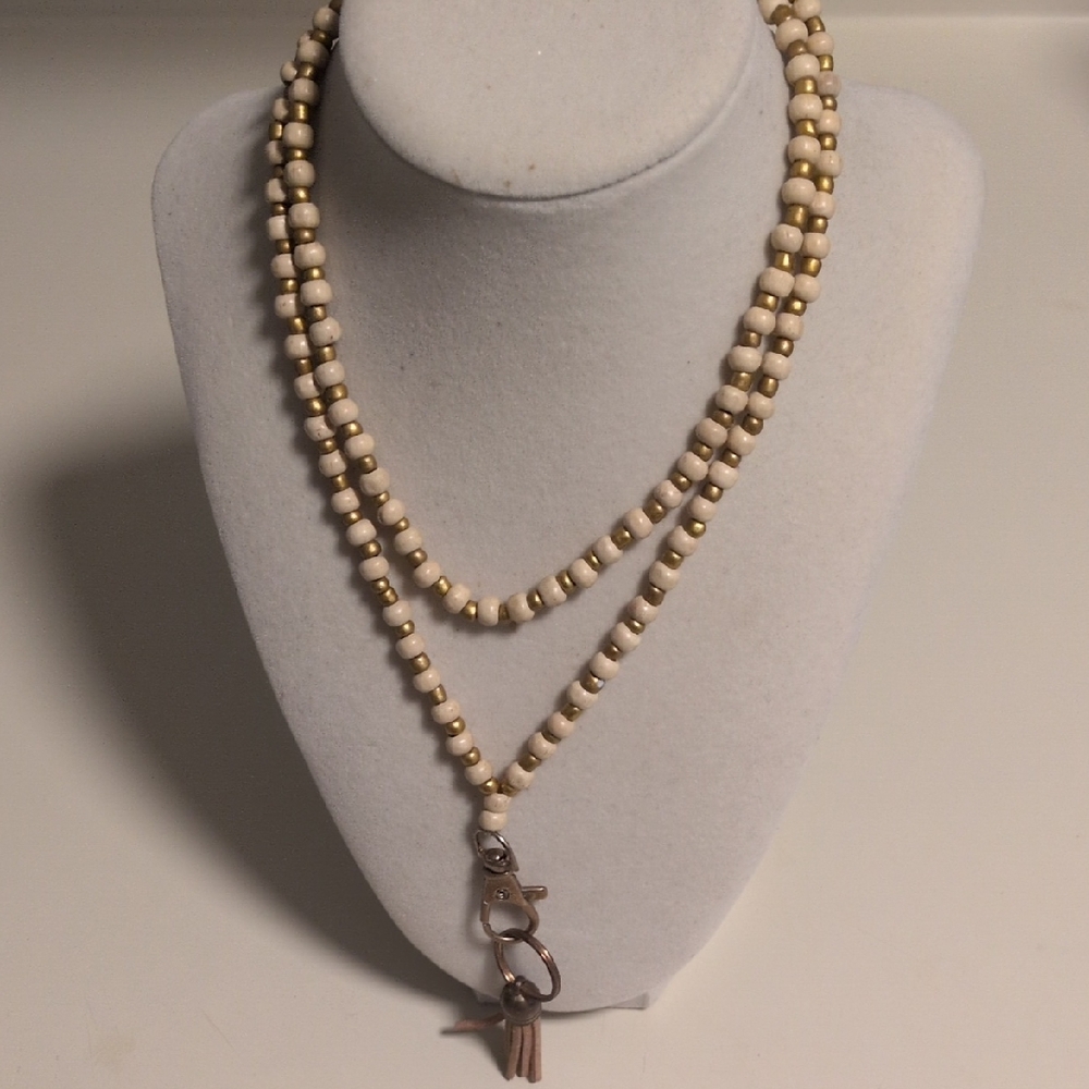Chic Gold and Cream‎ Wood Beaded Necklace With Tassel